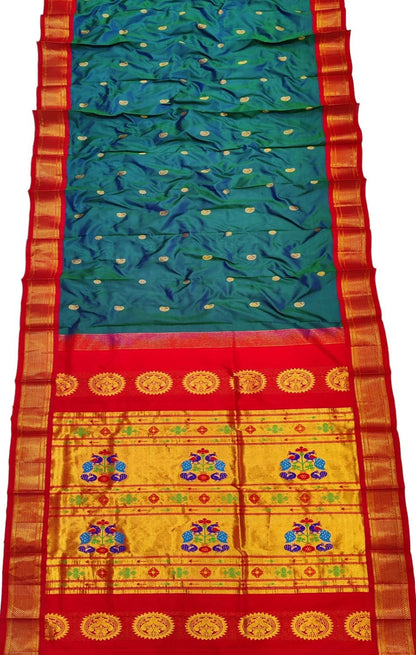 Handloom Silk Peacock Saree - Blue & Red Paithani Design - Luxurion World
