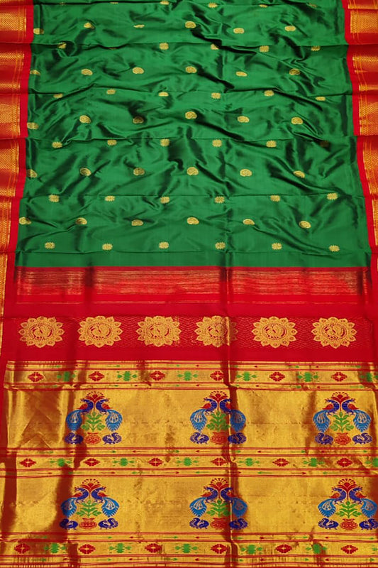 Handloom Silk Peacock Saree - Green and Red Paithani Design - Luxurion World