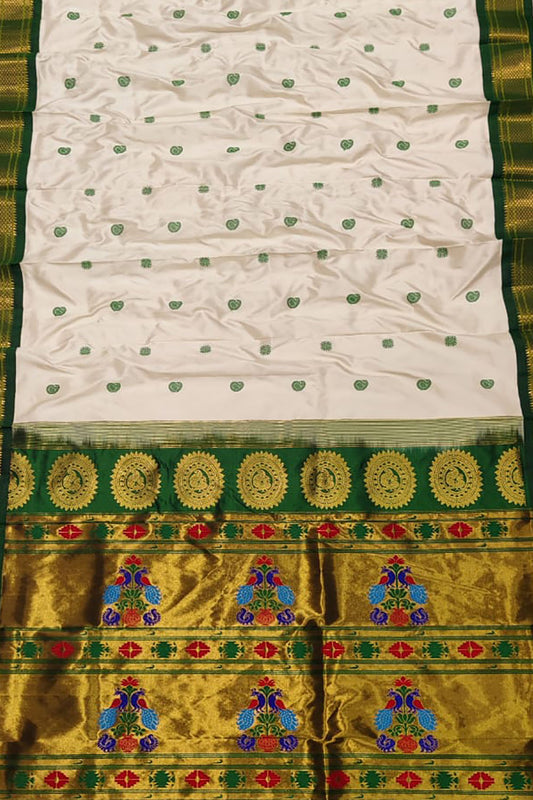 Pure Silk Peacock Paithani Saree - White and Green Handloom Design