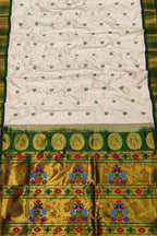 Pure Silk Peacock Paithani Saree - White and Green Handloom Design - Luxurion World