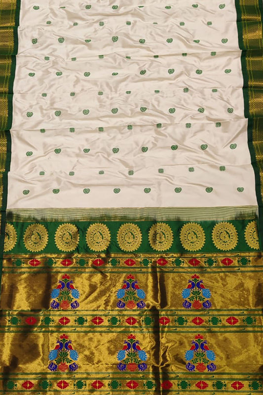 Pure Silk Peacock Paithani Saree - White and Green Handloom Design - Luxurion World