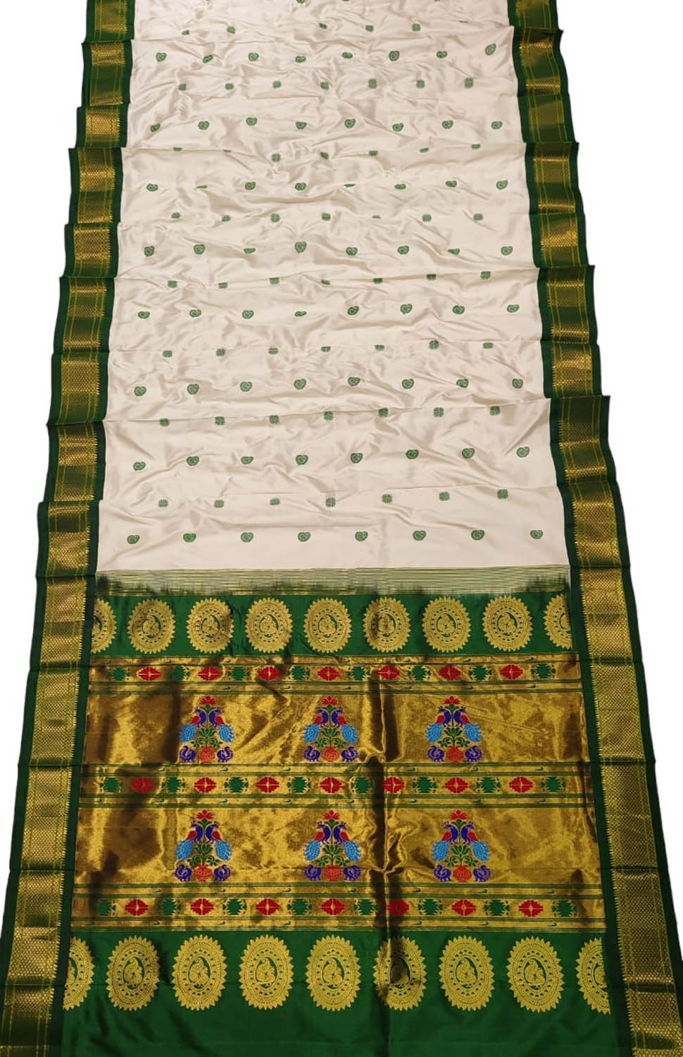 Pure Silk Peacock Paithani Saree - White and Green Handloom Design - Luxurion World