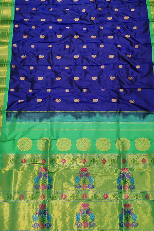Blue Paithani Handloom Silk Saree with Peacock Design - Elegant and Traditional - Luxurion World