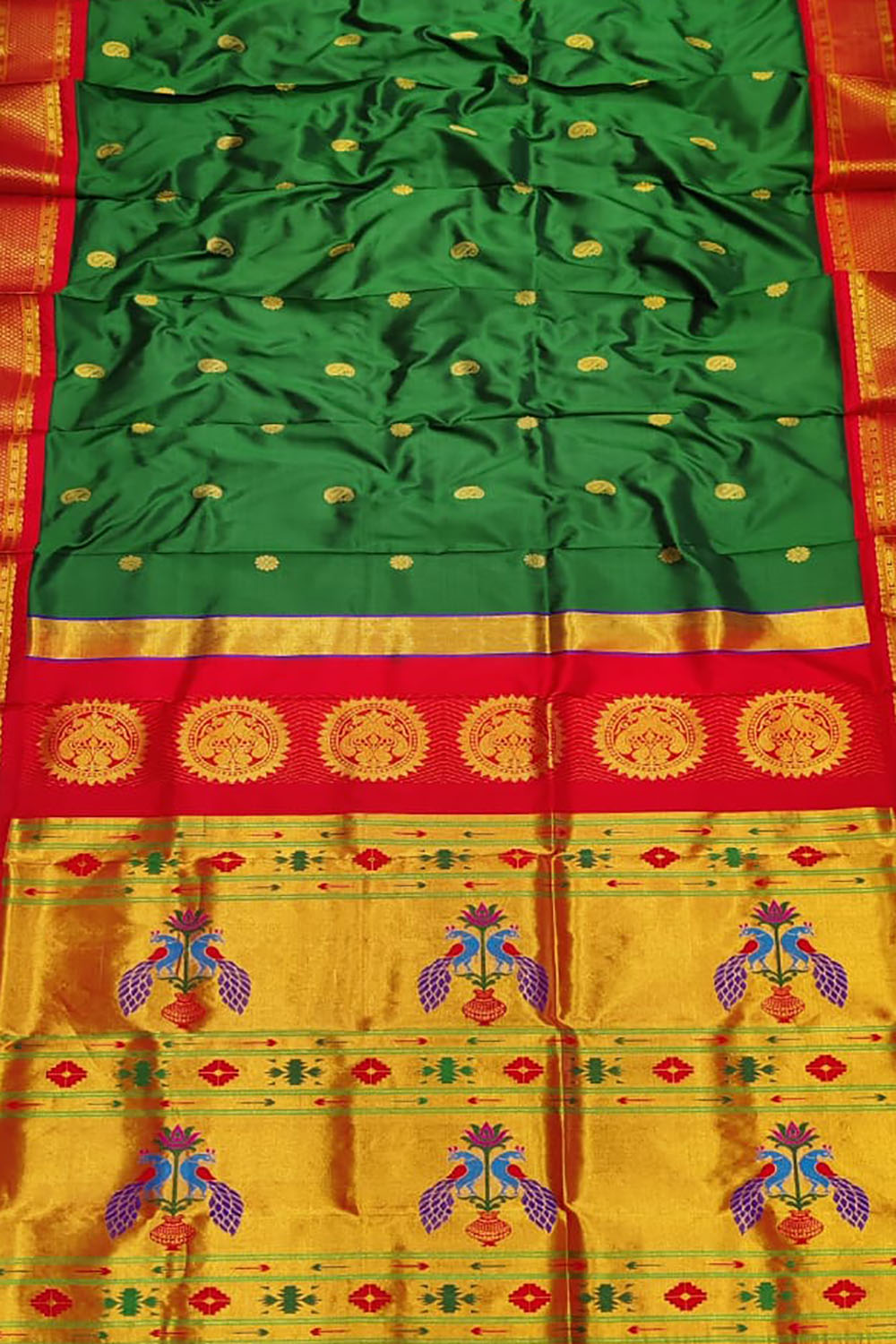 Handloom Silk Peacock Saree - Green and Red Paithani Design - Luxurion World