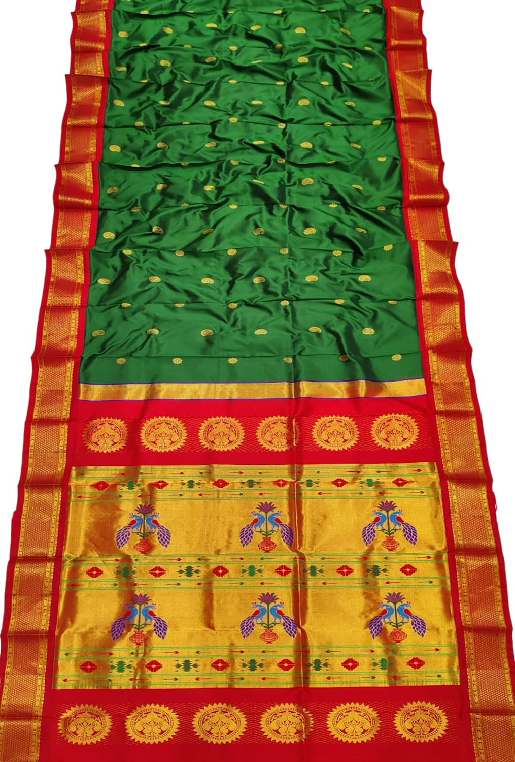 Handloom Silk Peacock Saree - Green and Red Paithani Design