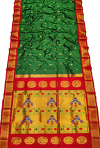 Handloom Silk Peacock Saree - Green and Red Paithani Design - Luxurion World