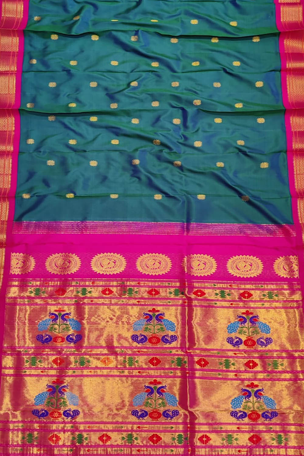 Peacock Design Paithani Silk Saree - Handloom Pure Silk in Blue and Pink - Luxurion World