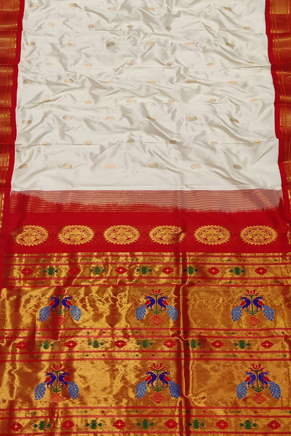 Pure Silk Peacock Design Paithani Saree - White and Red Handloom