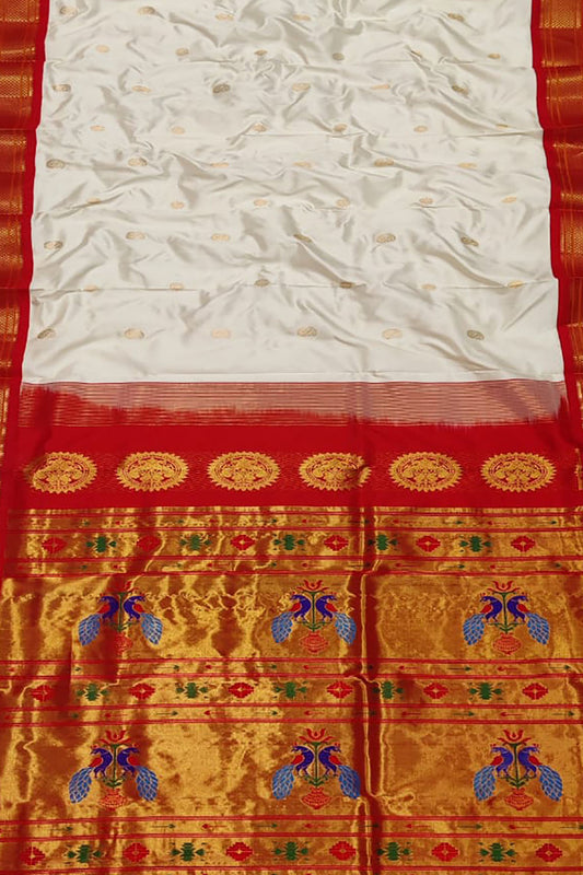 Pure Silk Peacock Design Paithani Saree - White and Red Handloom - Luxurion World