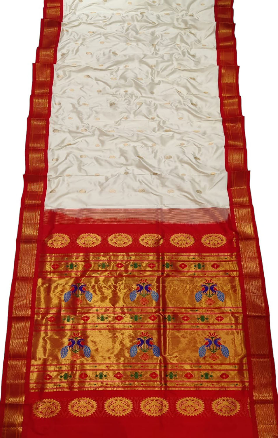 Pure Silk Peacock Design Paithani Saree - White and Red Handloom - Luxurion World
