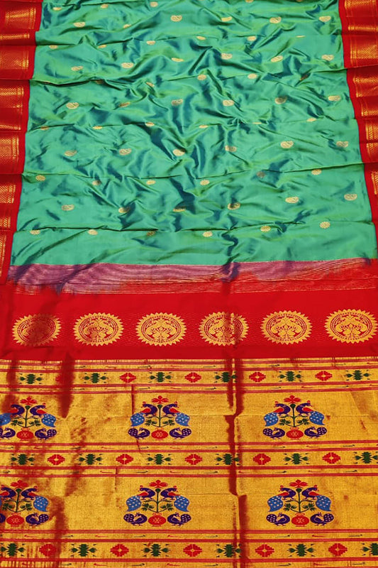 Green and Blue Pure Silk Peacock Saree - Handloom Paithani Design - Luxurion World