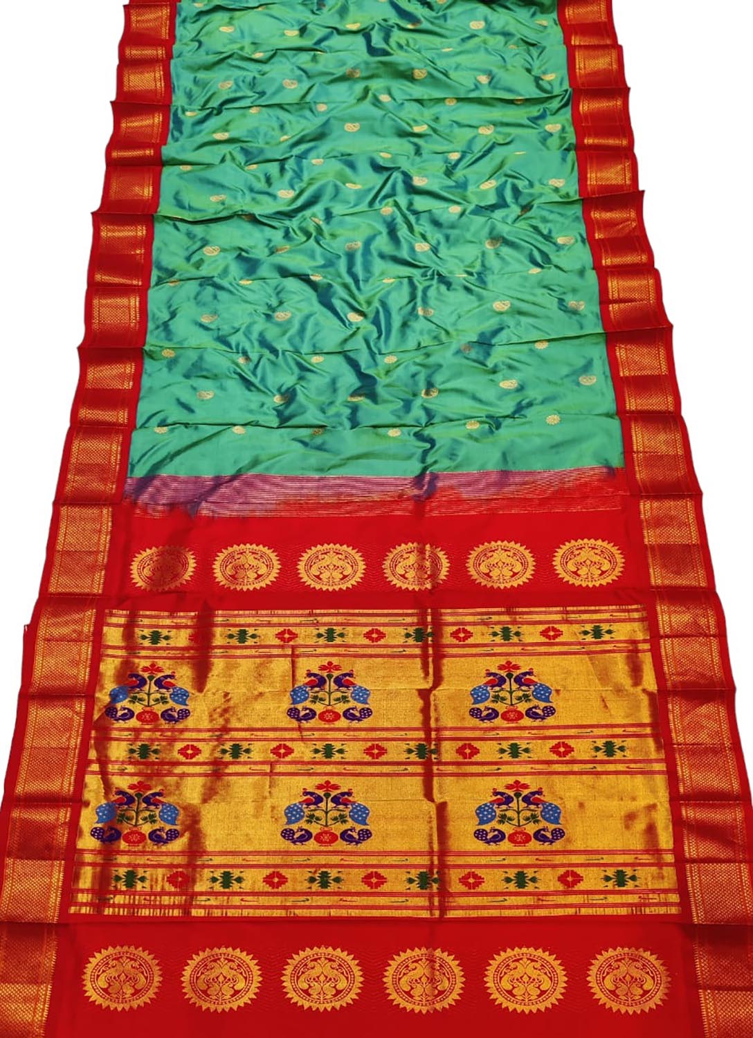 Green and Blue Pure Silk Peacock Saree - Handloom Paithani Design