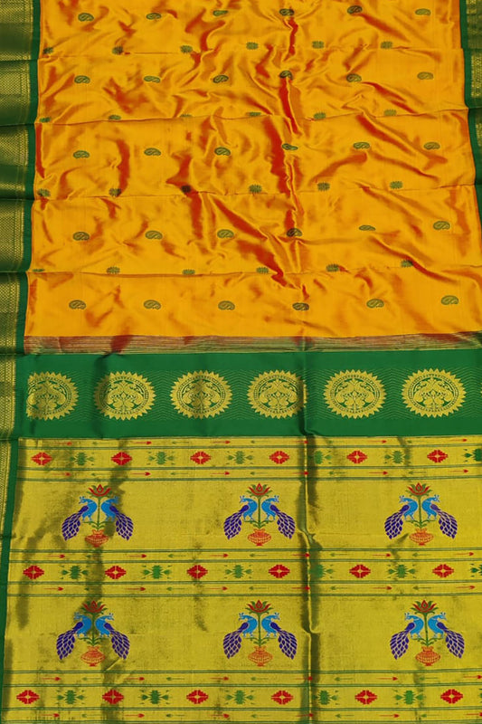 Peacock Design Yellow & Green Paithani Pure Silk Saree - Handloom - Luxurion World