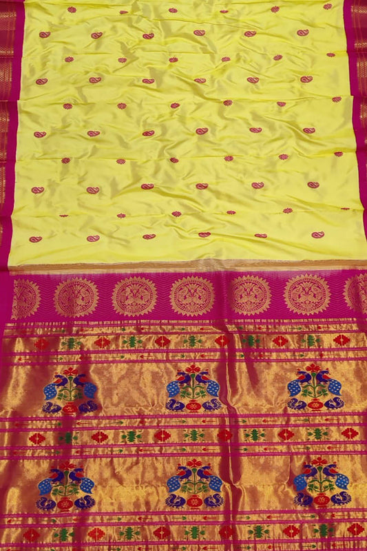 Peacock Design Yellow & Pink Paithani Silk Saree - Handloom Pure Silk - Luxurion World