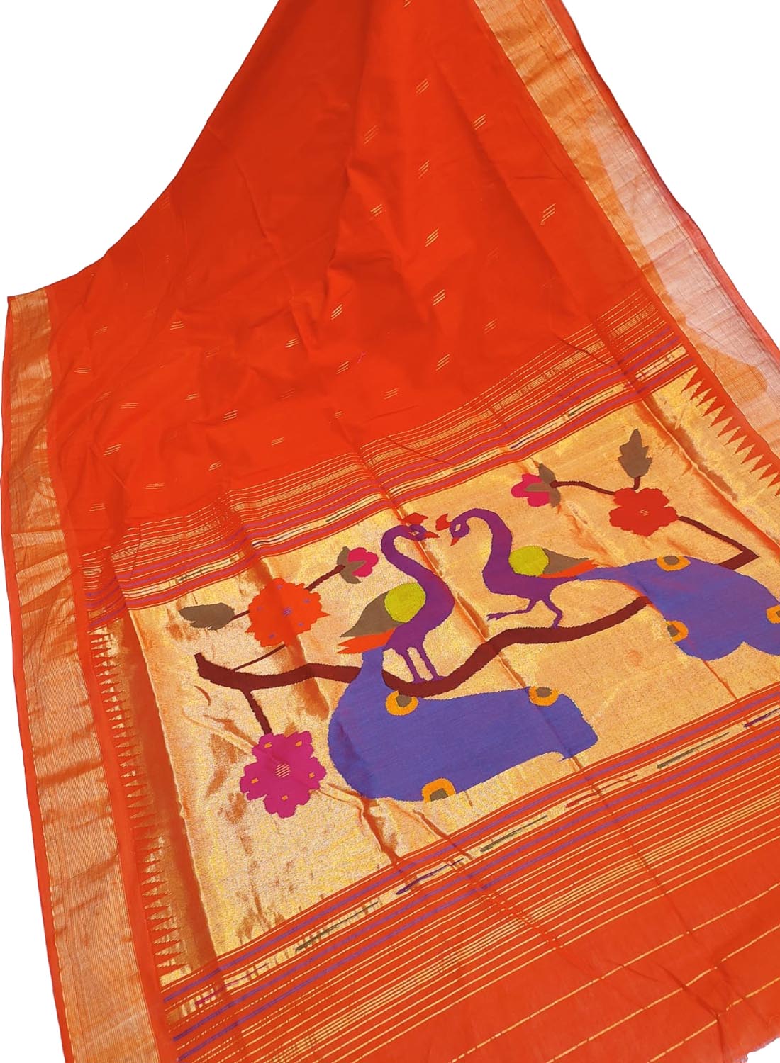 Pure Cotton Orange Handloom Paithani Saree: Traditional Elegance - Luxurion World