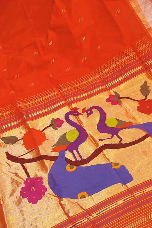 Pure Cotton Orange Handloom Paithani Saree: Traditional Elegance - Luxurion World