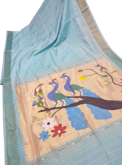 Stunning Blue Handloom Paithani Pure Cotton Saree - Perfect for Any Occasion!