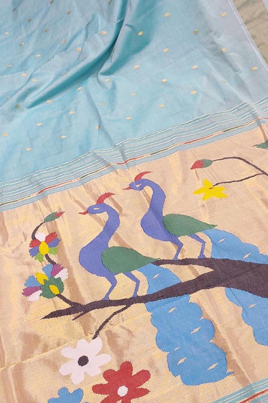 Stunning Blue Handloom Paithani Pure Cotton Saree - Perfect for Any Occasion! - Luxurion World
