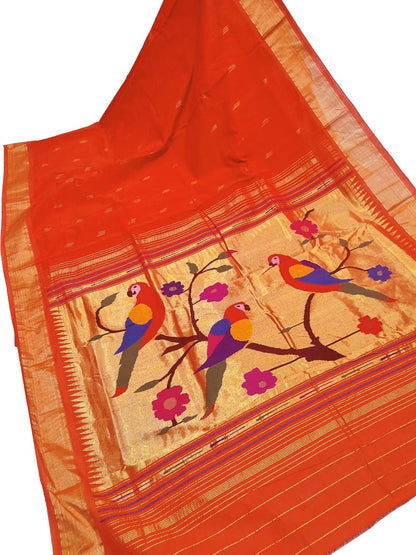 Stunning Orange Handloom Paithani Pure Cotton Saree - Perfect for Any Occasion!