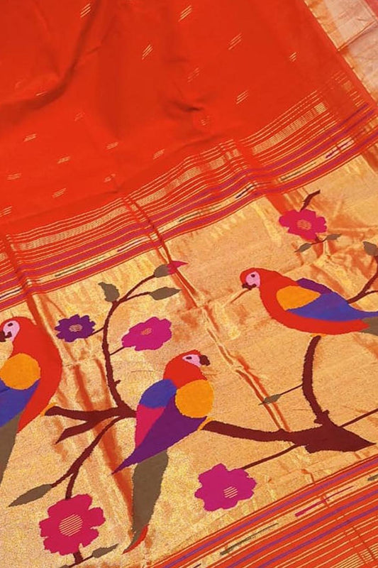 Stunning Orange Handloom Paithani Pure Cotton Saree - Perfect for Any Occasion! - Luxurion World