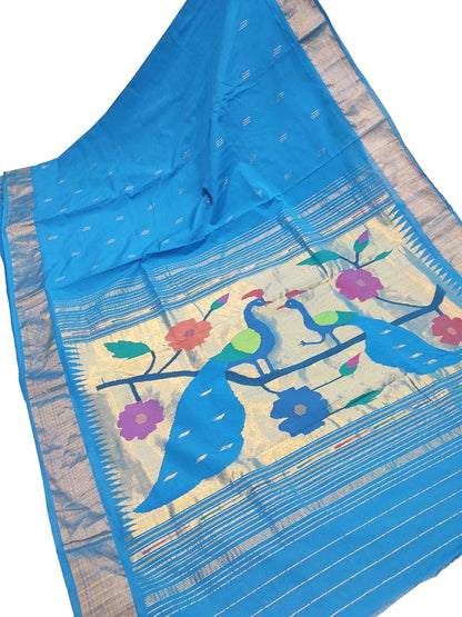 Stunning Blue Handloom Paithani Pure Cotton Saree - Perfect for Any Occasion! - Luxurion World