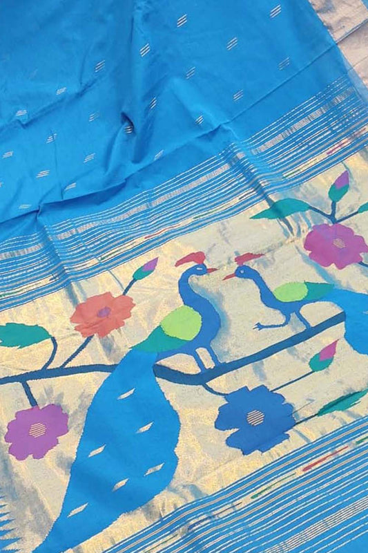 Stunning Blue Handloom Paithani Pure Cotton Saree - Perfect for Any Occasion! - Luxurion World