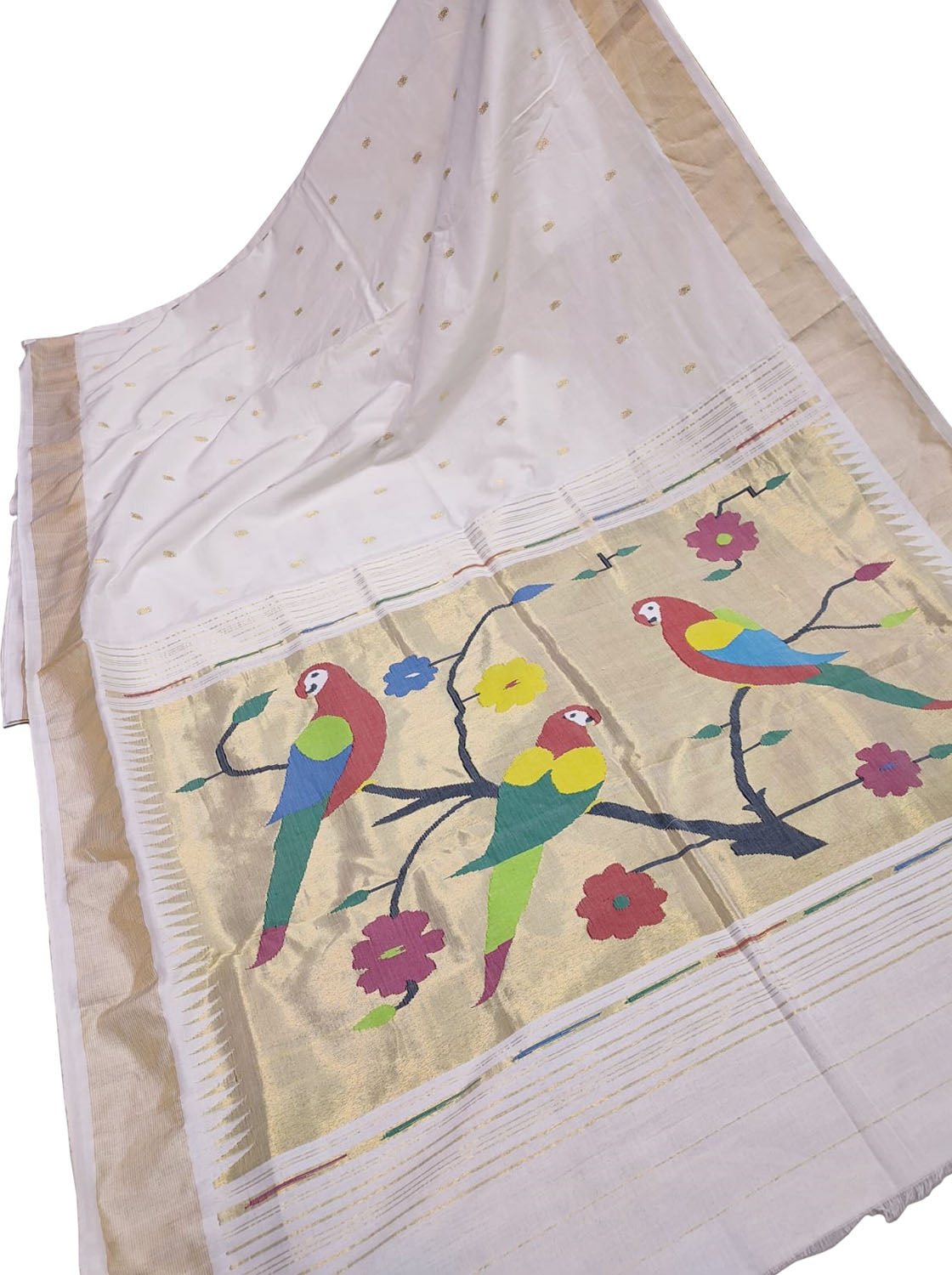 Stunning Off White Handloom Paithani Pure Cotton Saree - Perfect for Any Occasion! - Luxurion World