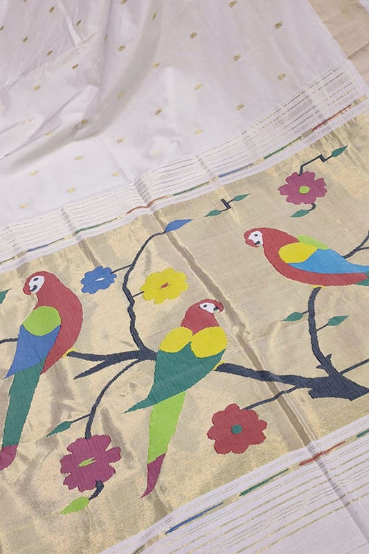 Stunning Off White Handloom Paithani Pure Cotton Saree - Perfect for Any Occasion! - Luxurion World