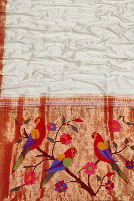 Pure Silk Off White Paithani Handloom Saree - Elegant and Timeless - Luxurion World