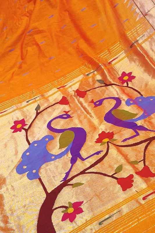 Orange Paithani Handloom Pure Cotton Single Muniya Border Saree - Luxurion World