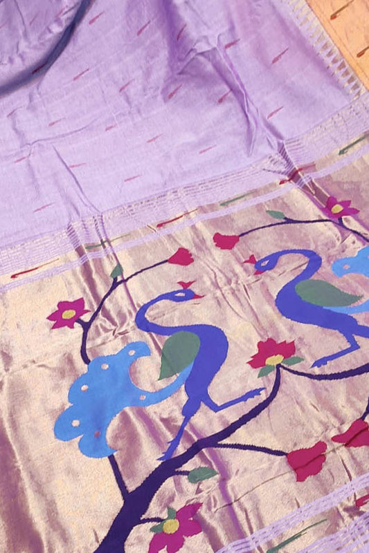 Purple Paithani Handloom Pure Cotton Single Muniya Border Saree - Luxurion World