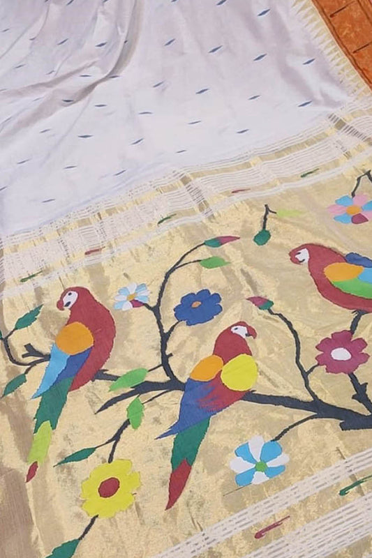 Off White Paithani Handloom Pure Cotton Single Muniya Border Saree - Luxurion World