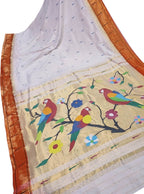 Off White Paithani Handloom Pure Cotton Single Muniya Border Saree - Luxurion World