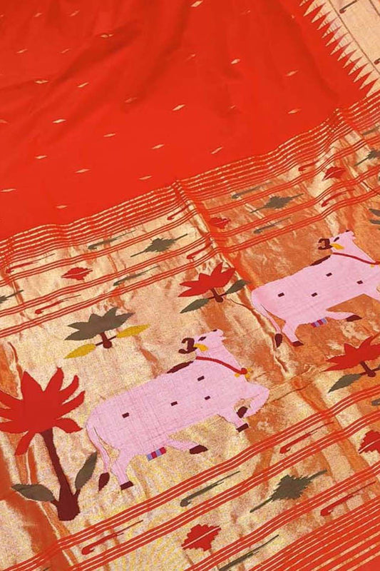 Red Paithani Handloom Pure Cotton Single Muniya Border Saree - Luxurion World