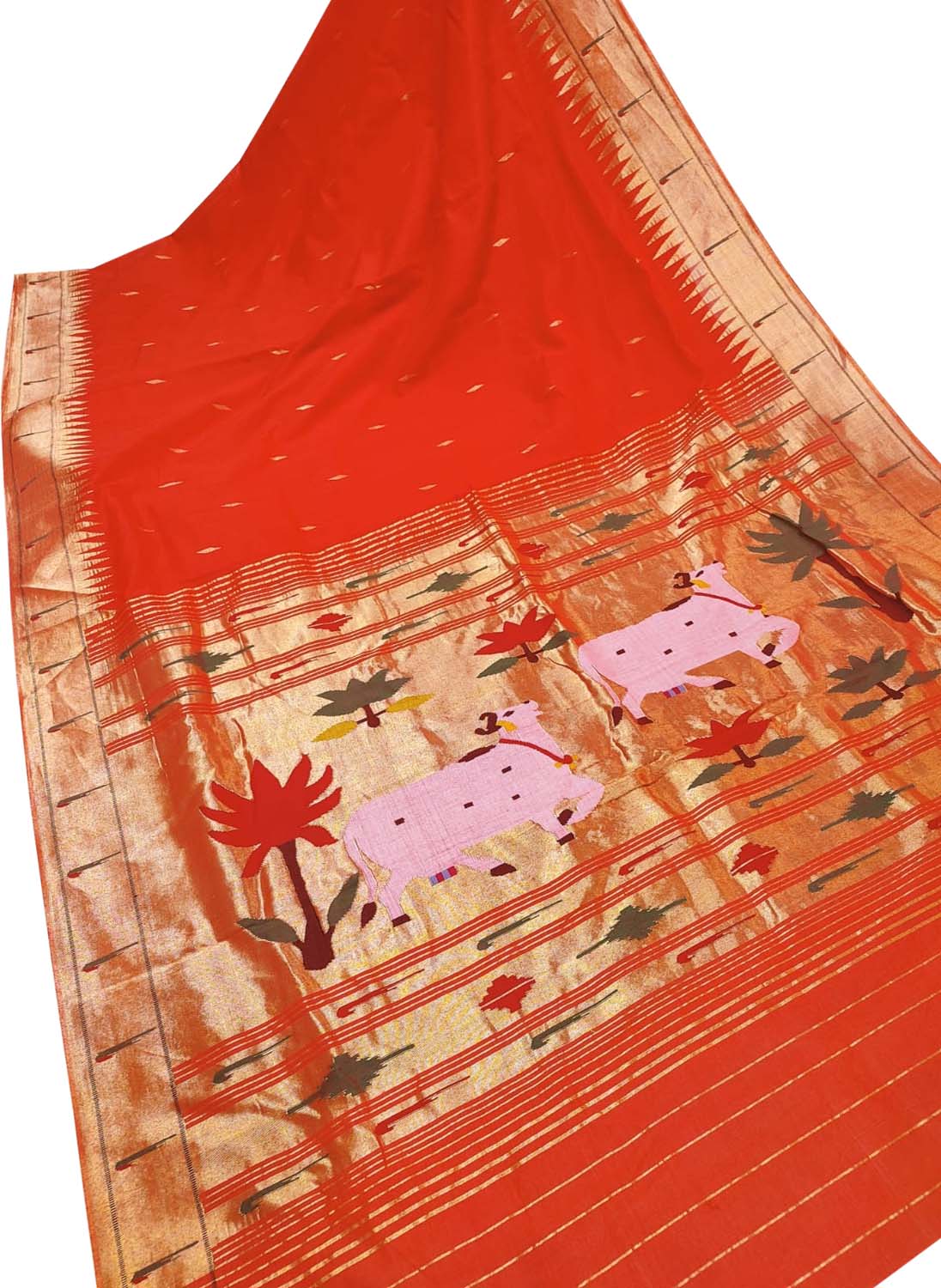 Red Paithani Handloom Pure Cotton Single Muniya Border Saree - Luxurion World