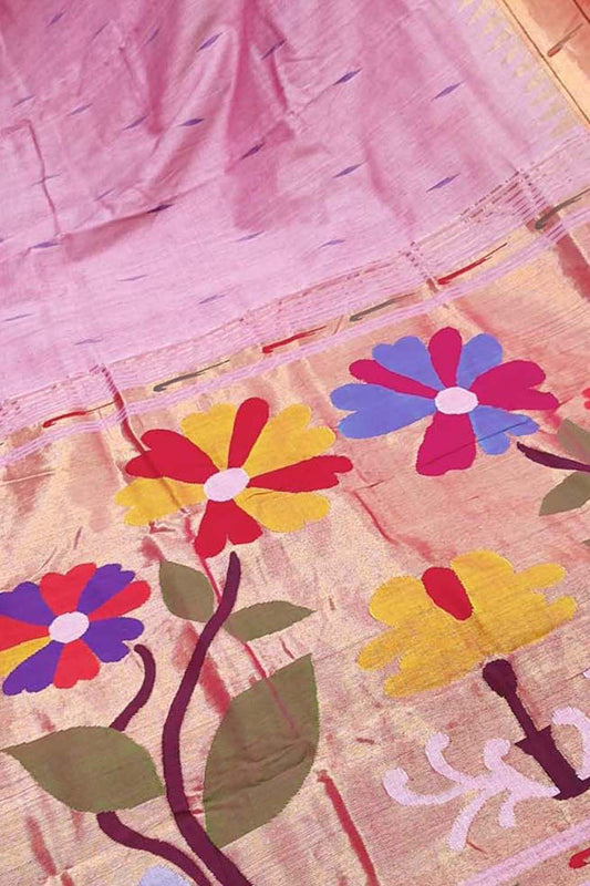 Pure Cotton Pink Paithani Handloom Saree with Muniya Border - Single Piece - Luxurion World