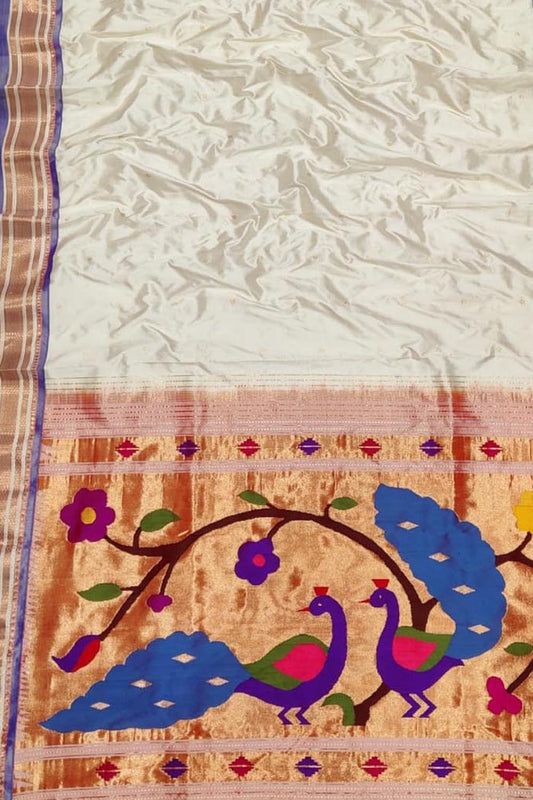 Pure Silk Off White Paithani Handloom Saree - Elegant and Timeless - Luxurion World