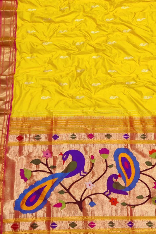 Pure Silk Yellow Paithani Handloom Saree: Traditional Elegance - Luxurion World