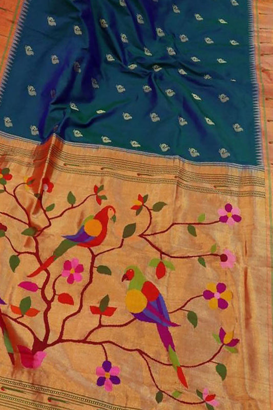Green And Blue Paithani Handloom Pure Silk Parrot Design Single Muniya Border Saree - Luxurion World