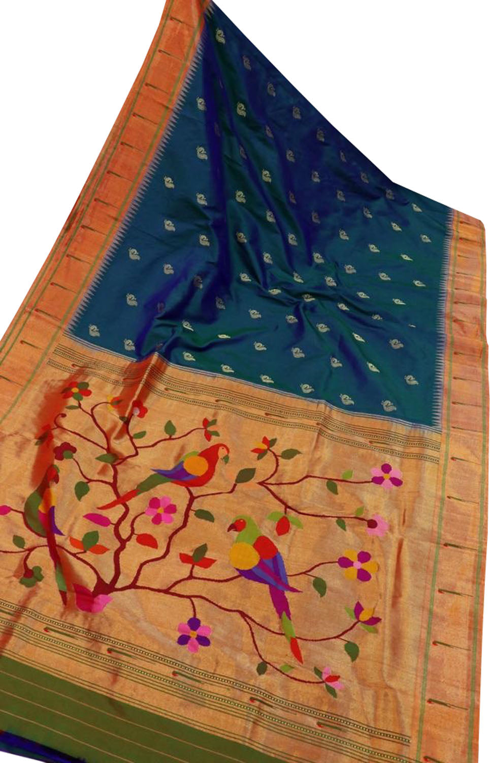Green And Blue Paithani Handloom Pure Silk Parrot Design Single Muniya Border Saree - Luxurion World