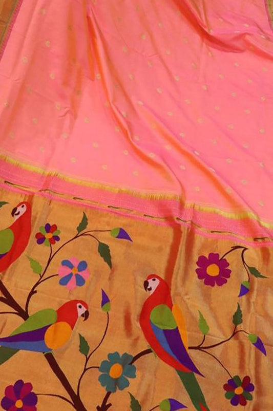 Pink Paithani Handloom Pure Silk Parrot Design Single Muniya Border Saree - Luxurion World