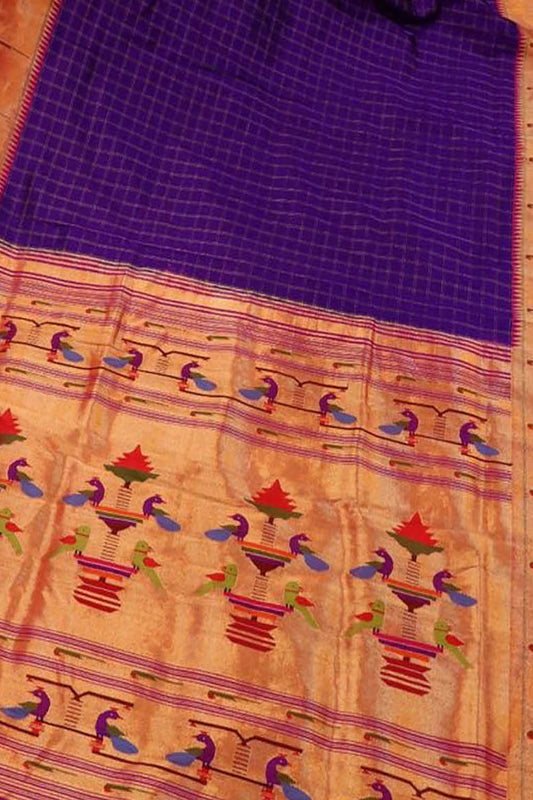 Purple Paithani Handloom Pure Silk Peacock Design Single Muniya Border Saree - Luxurion World