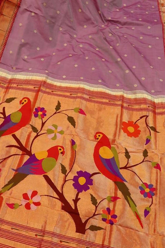 Pink Paithani Handloom Pure Silk Parrot Design Single Muniya Border Saree - Luxurion World