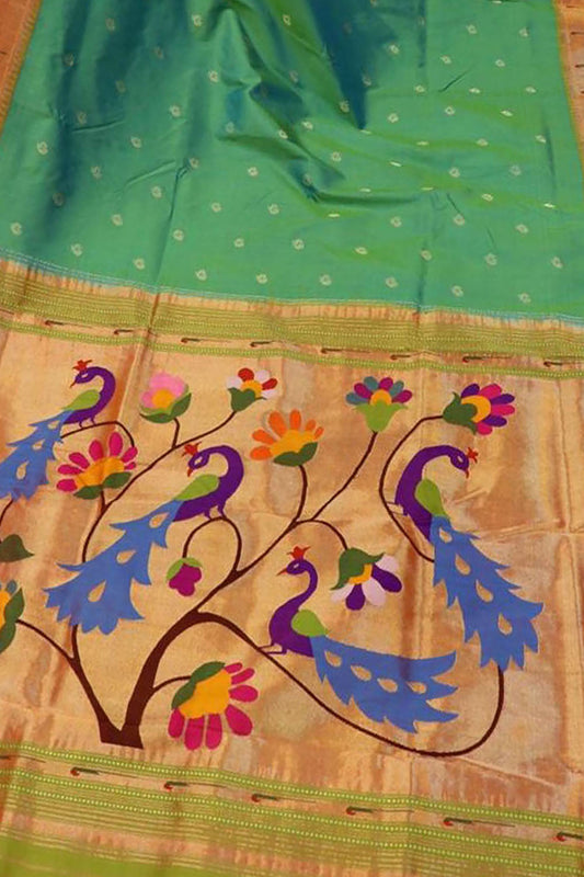 Green Paithani Handloom Pure Silk Peacock Design Single Muniya Border Saree - Luxurion World