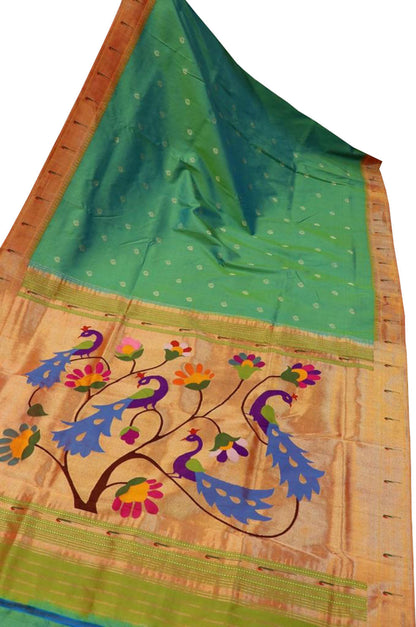 Green Paithani Handloom Pure Silk Peacock Design Single Muniya Border Saree - Luxurion World