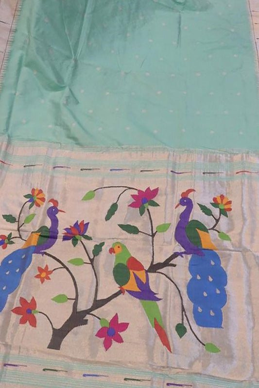 Blue Paithani Handloom Pure Silk Bird Design Single Muniya Border Saree - Luxurion World
