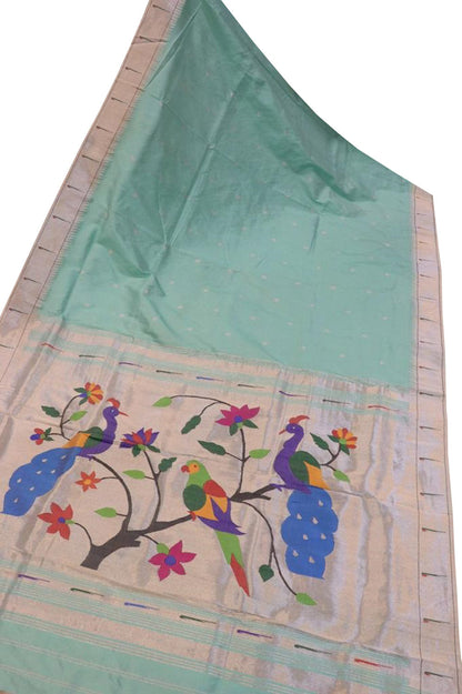 Blue Paithani Handloom Pure Silk Bird Design Single Muniya Border Saree - Luxurion World