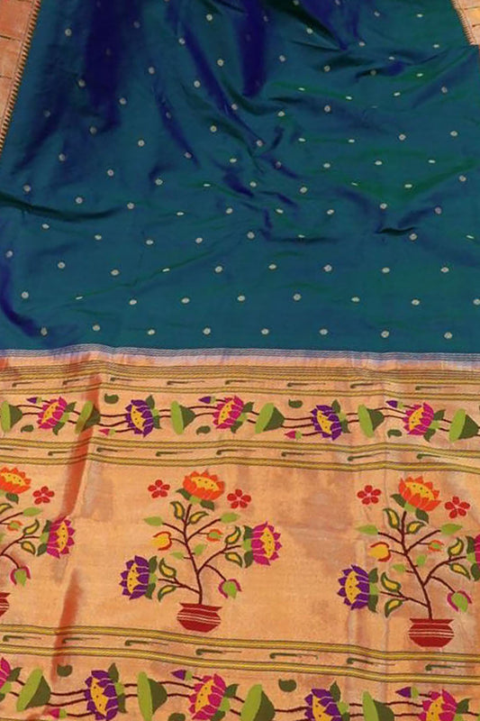 Green And Blue Paithani Handloom Pure Silk Flower Design Single Muniya Border Saree - Luxurion World
