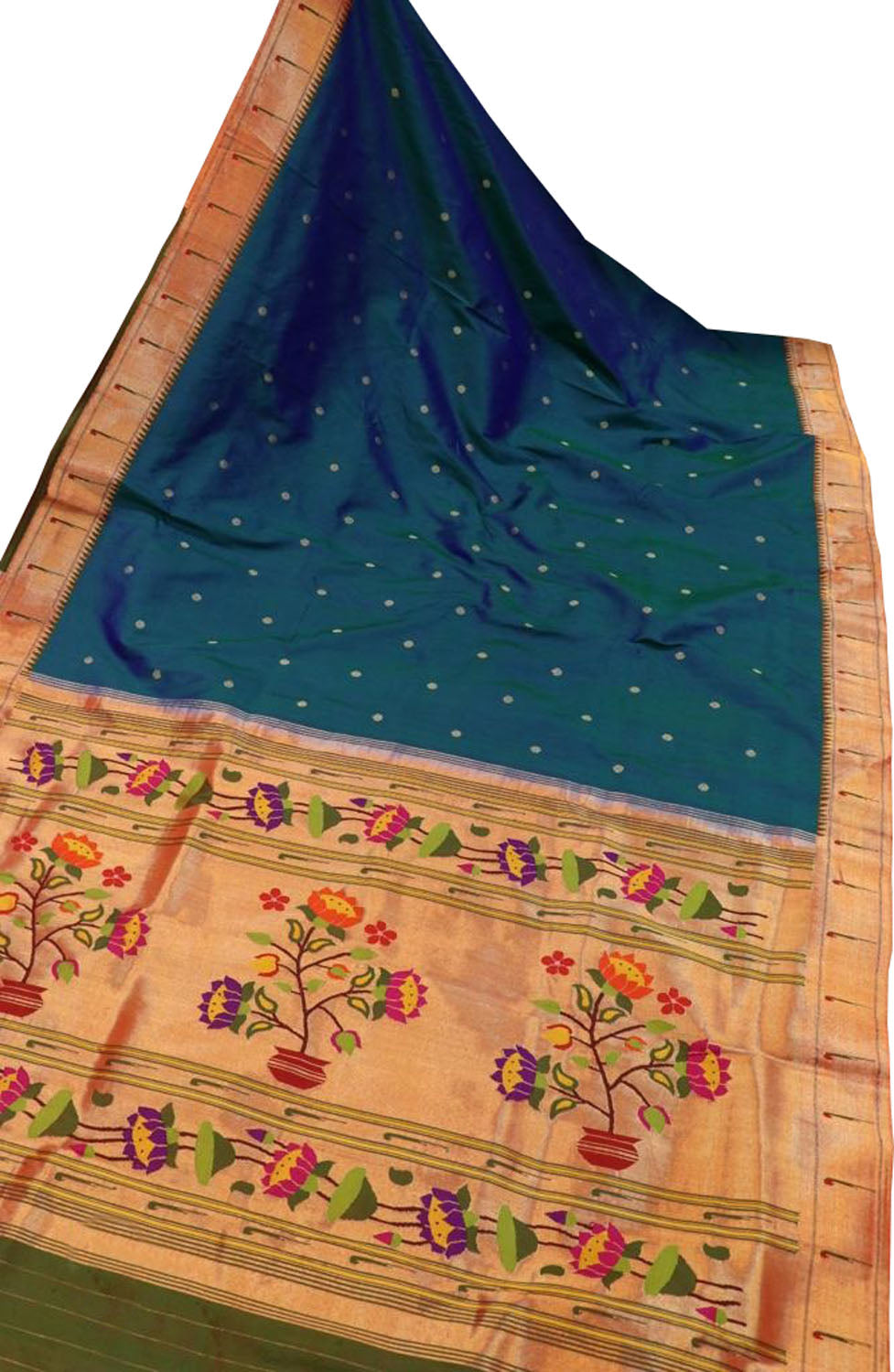 Green And Blue Paithani Handloom Pure Silk Flower Design Single Muniya Border Saree