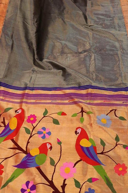 Grey Paithani Handloom Pure Silk Parrot Design Single Muniya Border Saree - Luxurion World